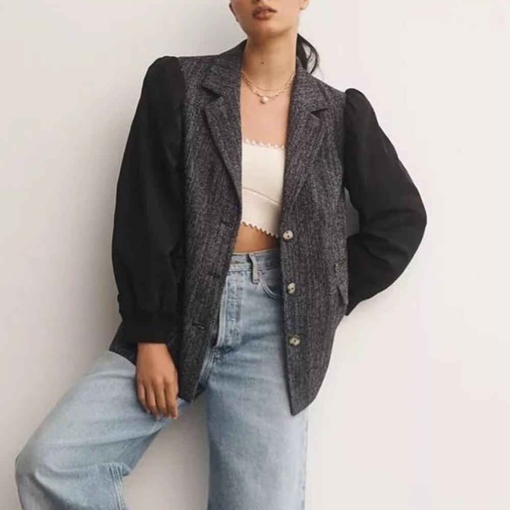 NEW Maeve Mixed Media Relaxed Blazer Jacket Wool Black Gray Women's 6